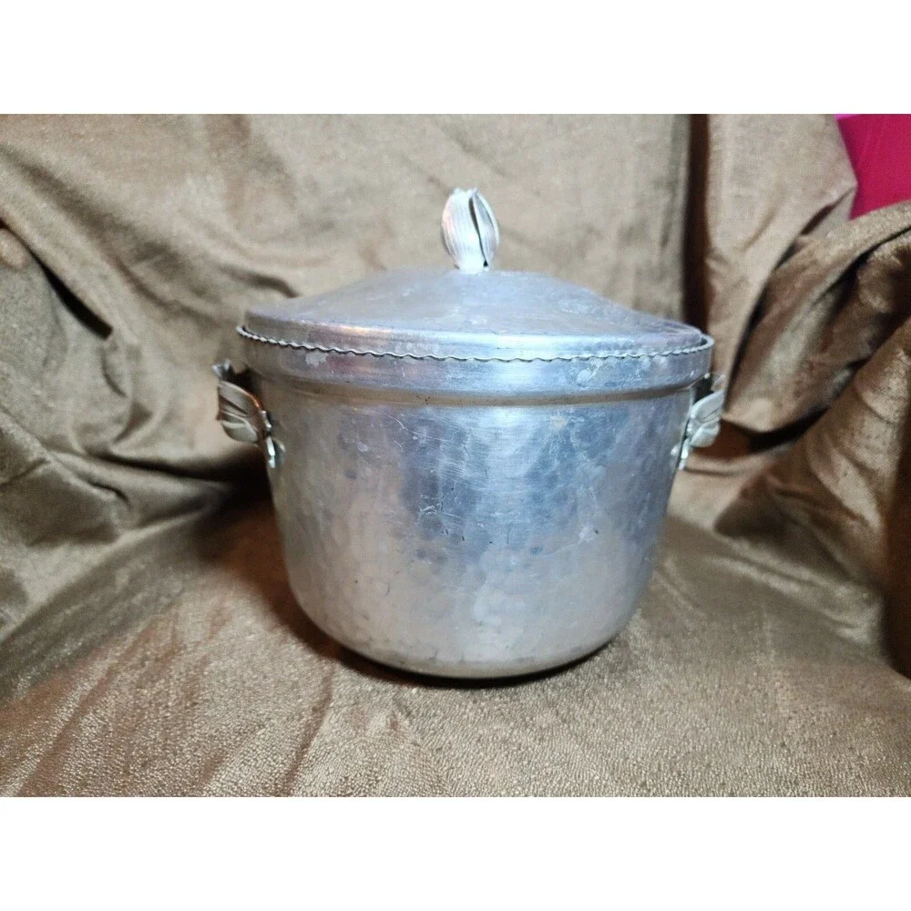 Hammered Aluminum Ice Bucket Mid Century Madmen Style Rose Bud Top Vintage